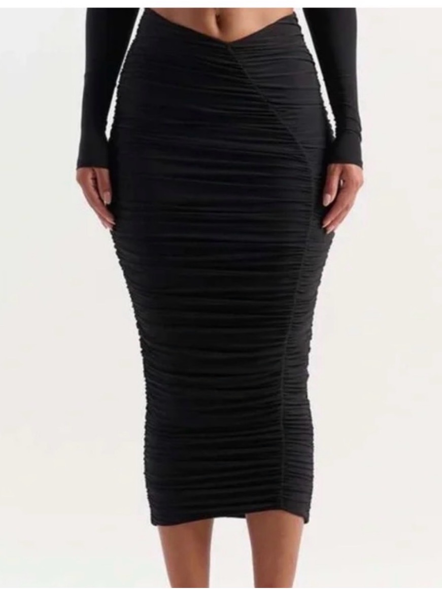 Naked Wardrobe Black Ruched Midi Pencil Skirt